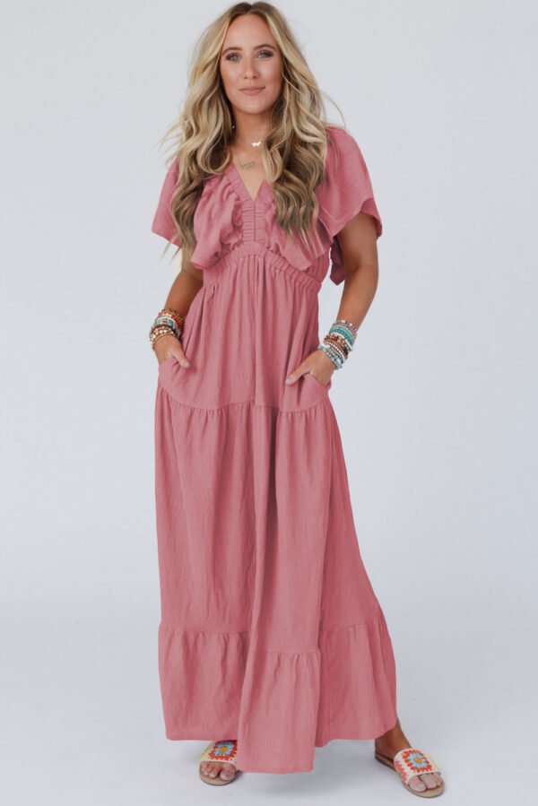 Rose Pink Textured V Neck Flutter Sleeve Ruffled Maxi Dress