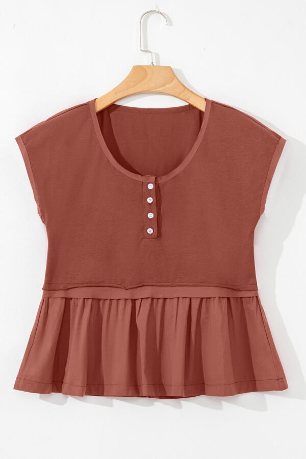 Chestnut Short Sleeve U Neck Buttons Splicing Ruffle Blouse