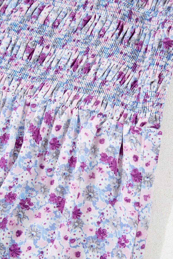 Purple Floral Short Bubble Sleeve Shirred High Waist Maxi Dress
