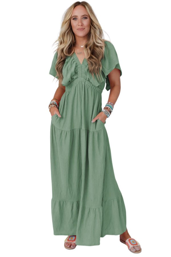 Grass Green Textured V Neck Flutter Sleeve Ruffled Maxi Dress