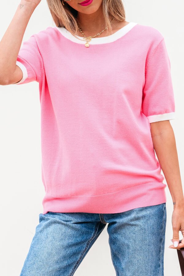 Bonbon Colorblock Bow V-Shape Cut Back Short Sleeve Sweater