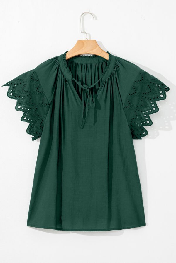 Green Bay Eyelet Embroidered Sleeve Tie V Neck Blouse