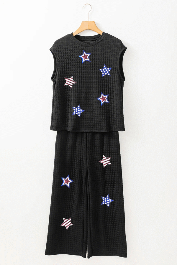 Color black Sequined Star Textured Cap Sleeve Tee and Cropped Wide Leg Pants Set