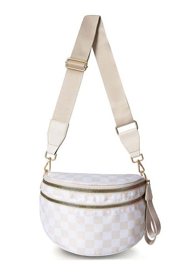 White Checkered Print Wide Strap Large Crossbody Bag