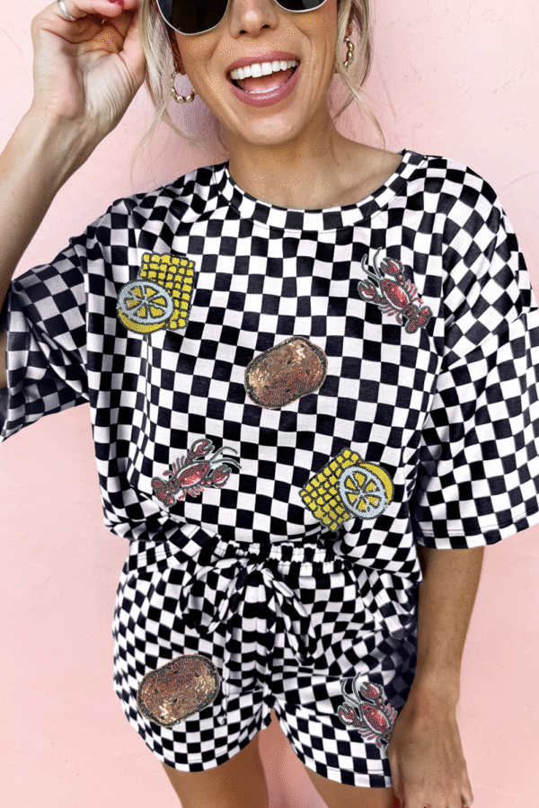 Black Sequined Crawfish Checkered Half Sleeve Top and Shorts Lounge Set