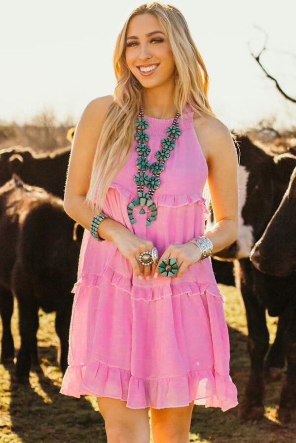 Pink Smocked Neck Knot Back Frilly Tiered Sleeveless Mini Dress