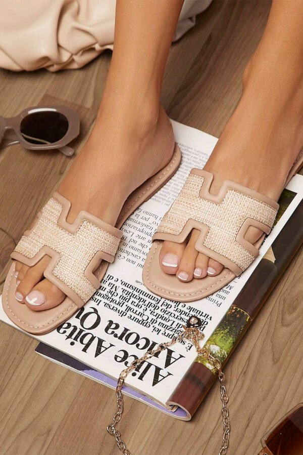 White Faux Raffia Detail Hollowed Open Toe Slippers