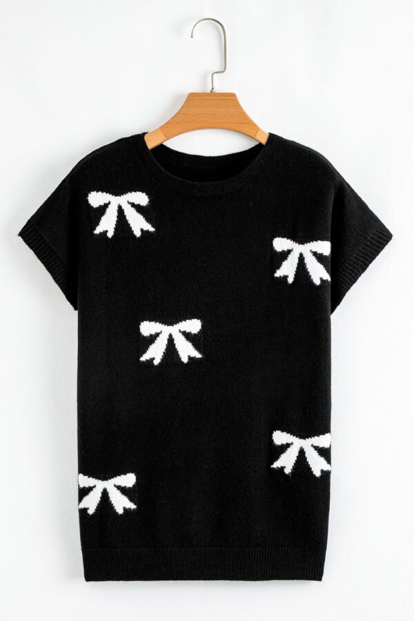 Black Bow Pattern Knit Short Sleeve Sweater