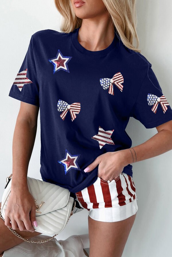 Blue Sequin USA Flag Bow Star Graphic Crewneck T Shirt