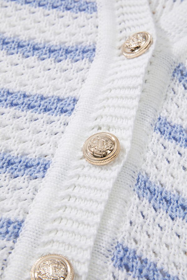 Sky Blue Stripe V Neck Gold Buttons Elegant Sweater Vest