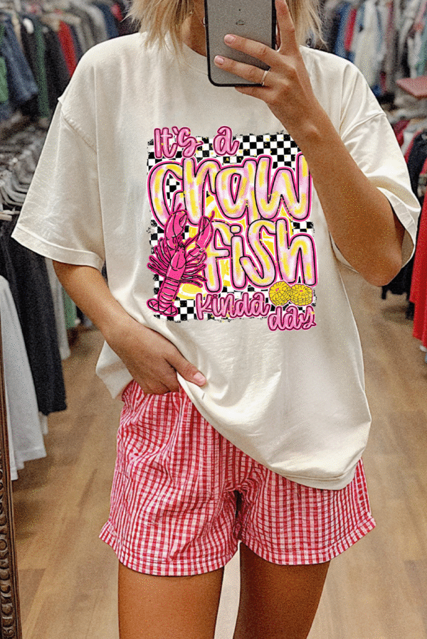 White Crawfish Checkered Pattern Graphic Tee