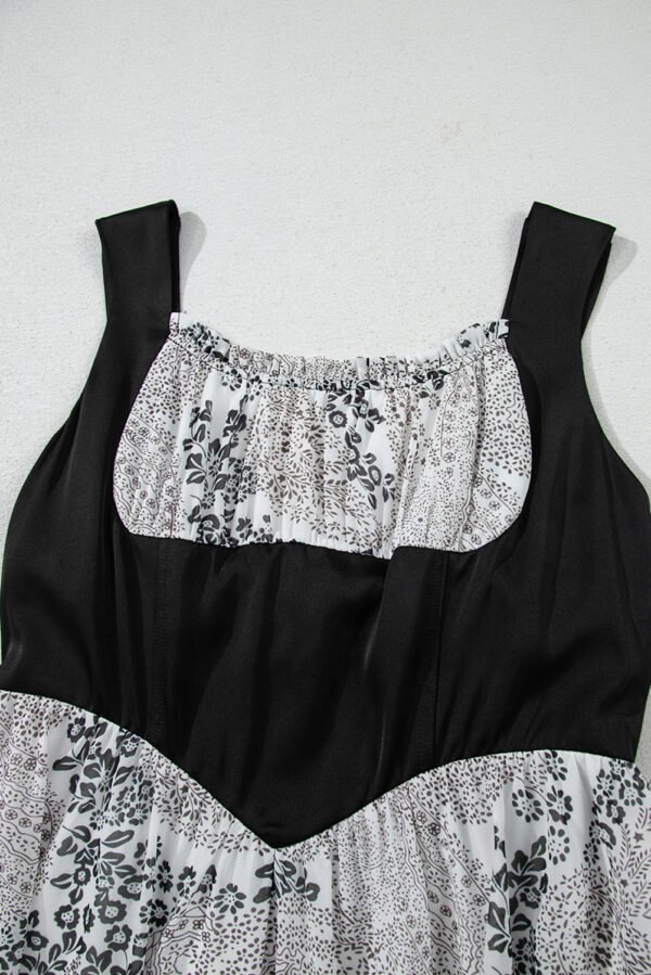 Black Sleeveless Leather Bustier Patchwork Paisley Floral Chiffon Dress