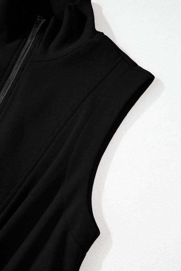 Black French Terry Zipped Collar Sleeveless Drawstring Waist Mini Dress