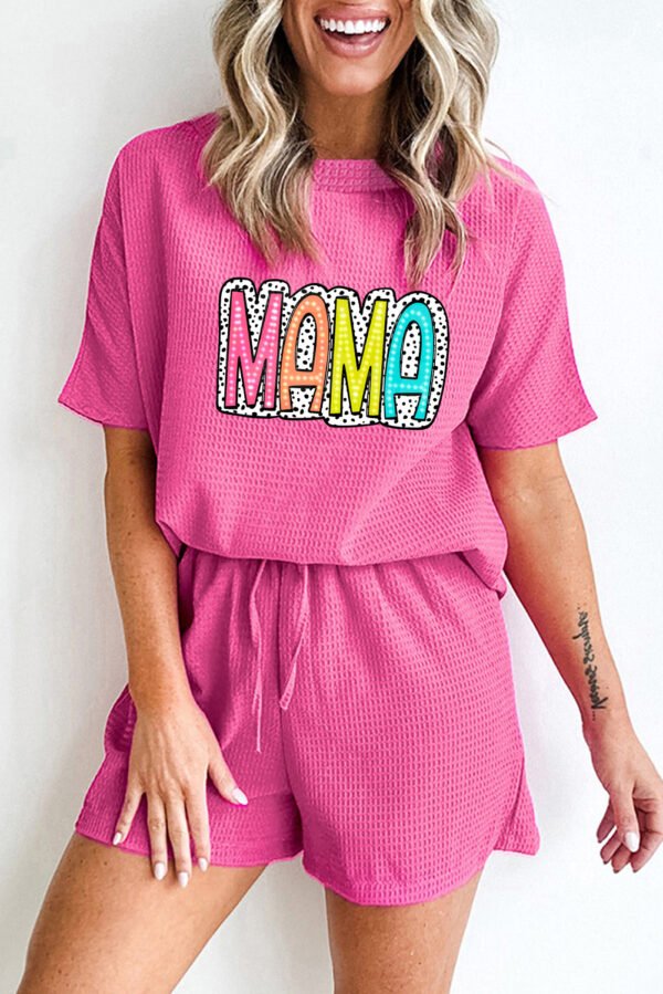 Rose Red MAMA Cheetah Frame Graphic Waffle Knit Short Set