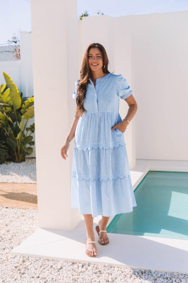 Sky Blue Stripe Bubble Short Sleeve Tiered Scallop Long Dress