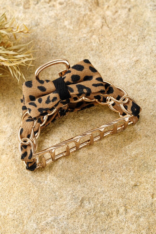 Camel Leopard Print Bow Decor Alloy Hair Claw Clip