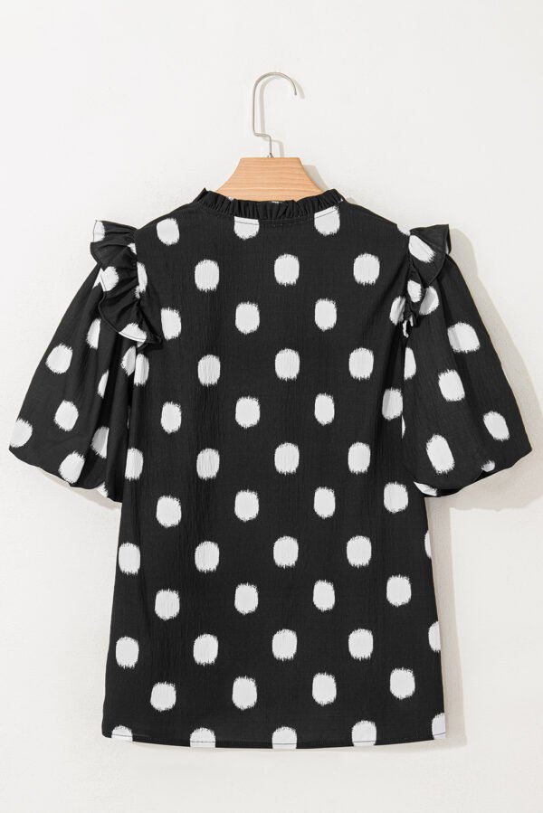 Black Polka Dot Print Shirred Yoke Notched Neck Balloon Sleeve Blouse