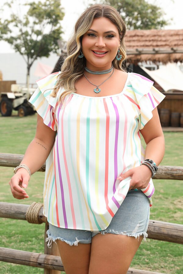 White Stripe Ruffled Sleeve Square Neck Plus Size Blouse