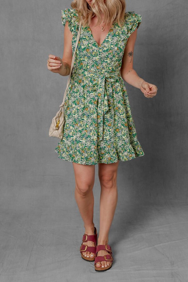 Green Flower Print Flutter Sleeve V Neck Sashed Ruffled Mini Dress