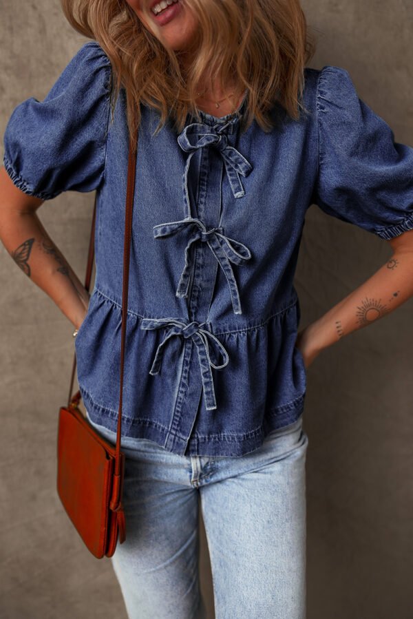 Sail Blue Tied Front Bubble Sleeve Peplum Denim Shirt