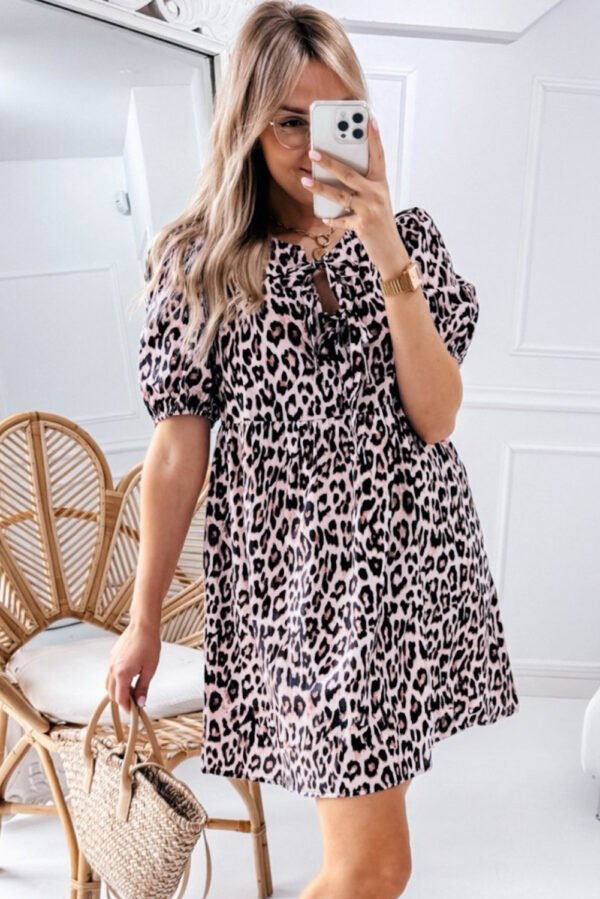 Brown Leopard Tied Front Keyhole Puff Short Sleeve Mini Dress