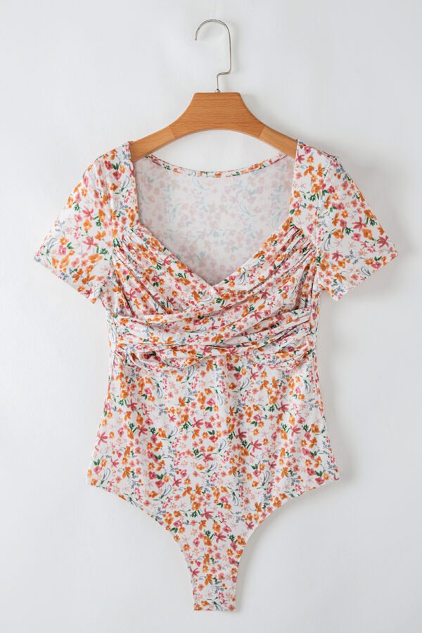 Orange Short Sleeve Floral Ruched Sweetheart Bodysuit