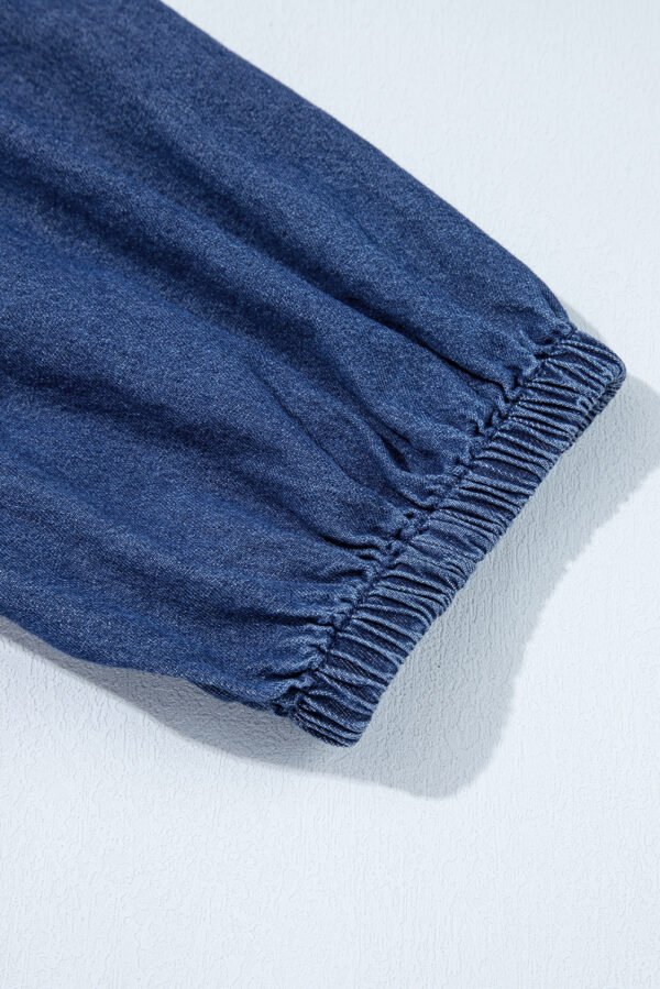 Sail Blue Tied Front Bubble Sleeve Peplum Denim Shirt