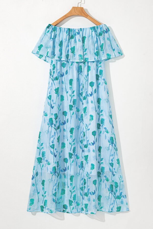 Green Floral Print Ruffled Side Slit Tube Top Maxi Dress