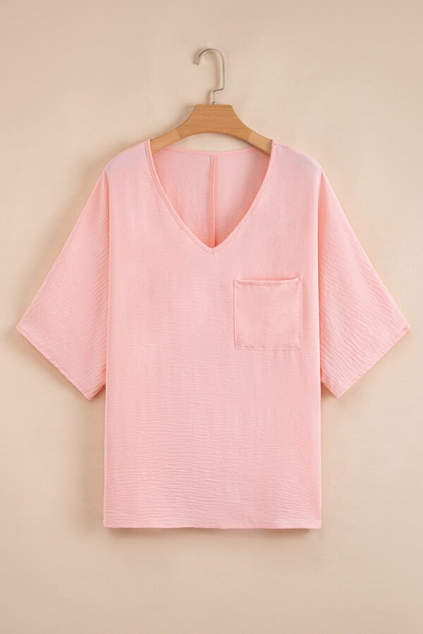 Pink Textured Half Sleeve V Neck Plus Size T Shirt with Chest Pocket