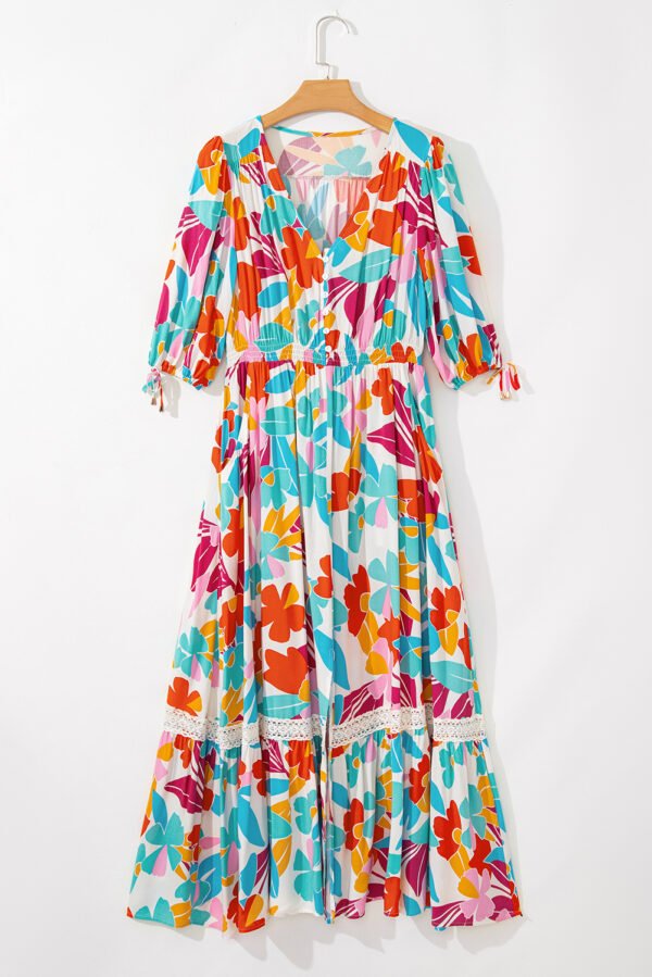 Rose Red Floral Knot Puff Sleeve V Neck Buttoned Front Split Lace Maxi Dress