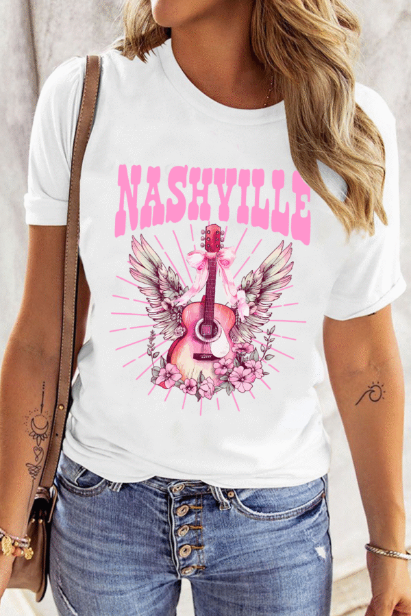 White NASHVILLE Guitar Graphic Music Festival T Shirt