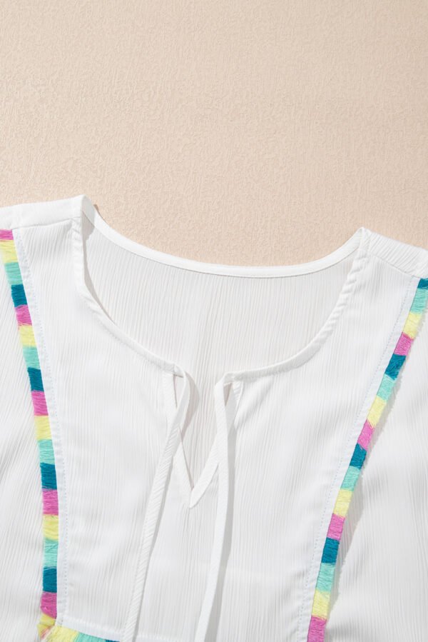 White Colorful Fringed Detail Tassel Tie Neck Short Sleeve Blouse