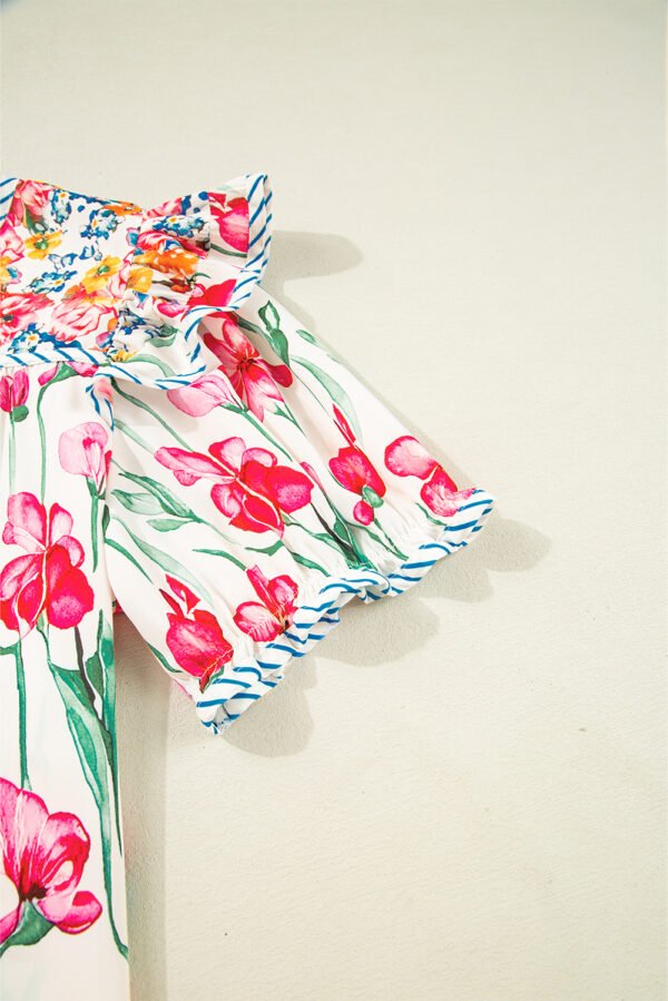 Pink Plus Size Floral Print Striped Trim V Neck Blouse
