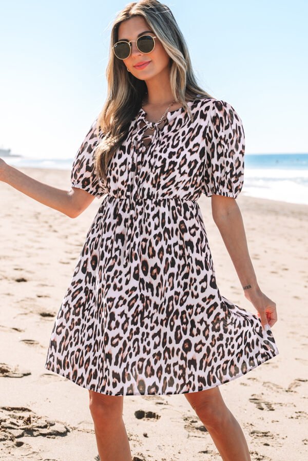 Brown Leopard Tied Front Keyhole Puff Short Sleeve Mini Dress