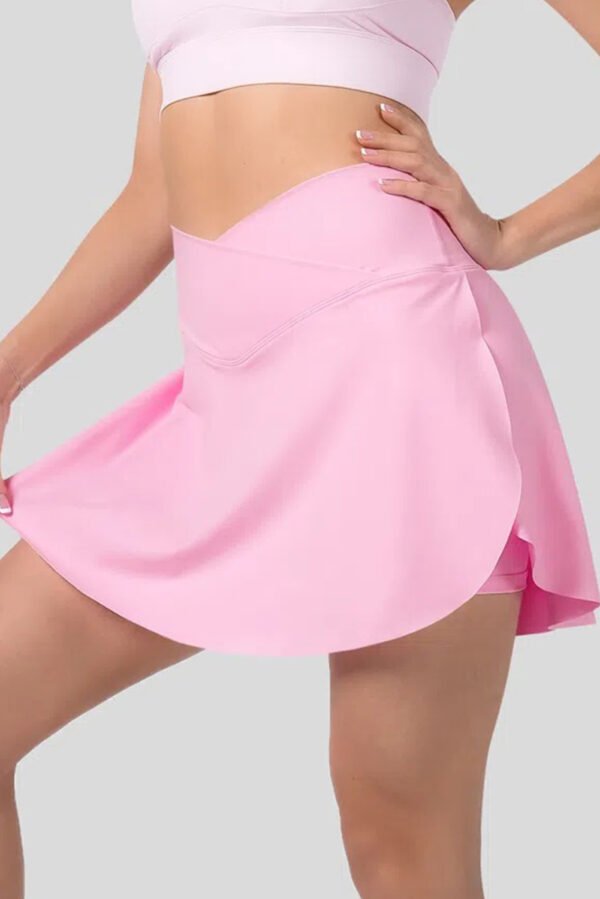 Pink Solid Pocketed Crossover High Waist Swim Skort