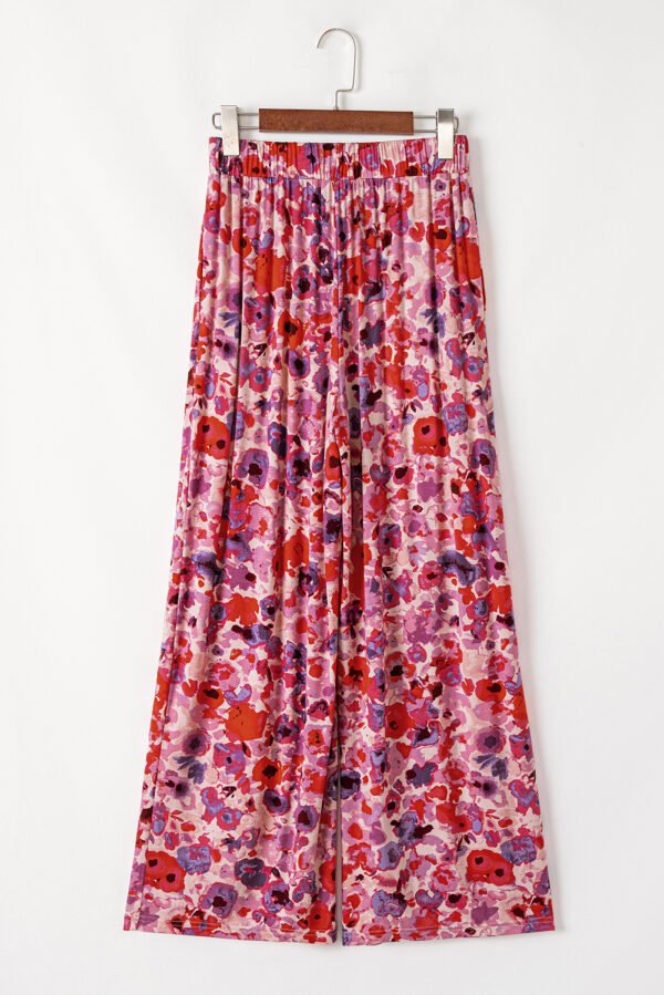 Purple Floral Wide Leg Elastic High Waist Pants