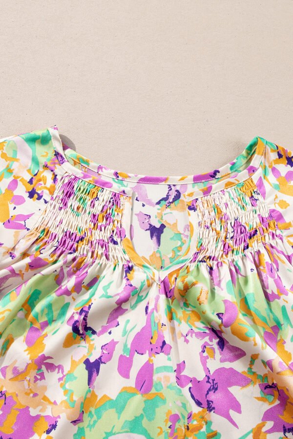 Purple Abstract Printed Ruffled Short Sleeve Notched Neck Blouse