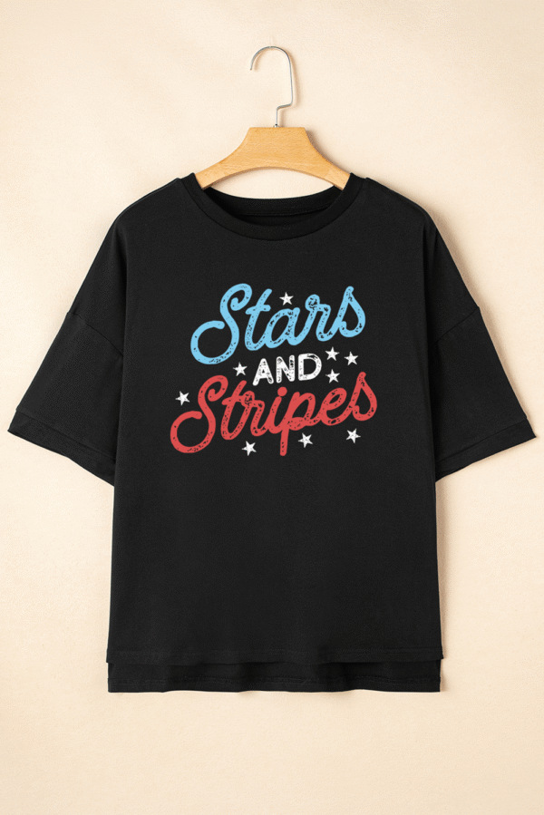 Black July 4th Stars AND Stripes Vintage Letter Graphic Tee