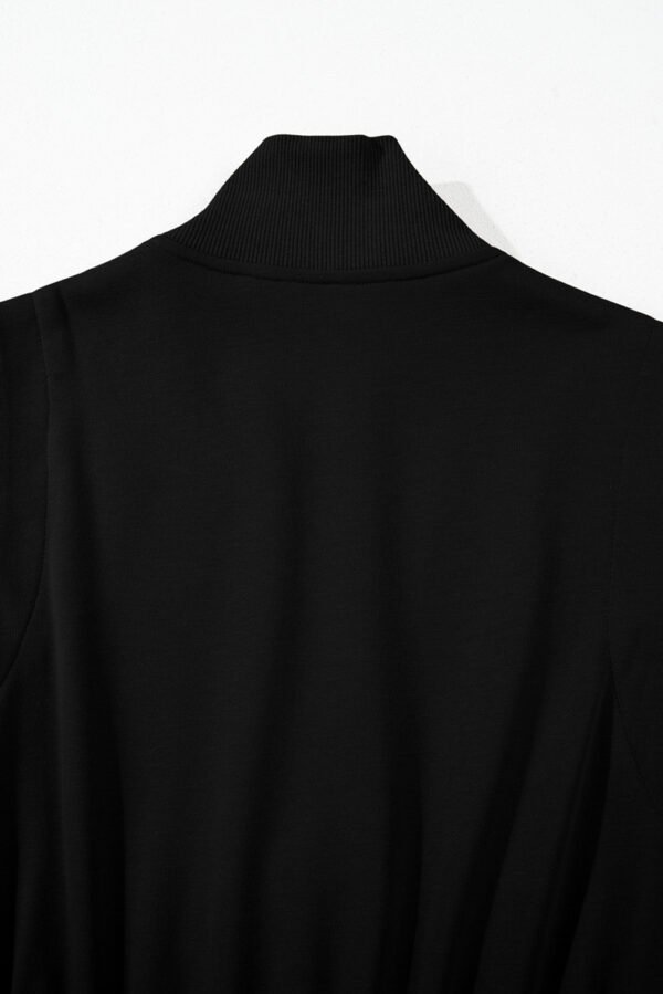 Black French Terry Zipped Collar Sleeveless Drawstring Waist Mini Dress
