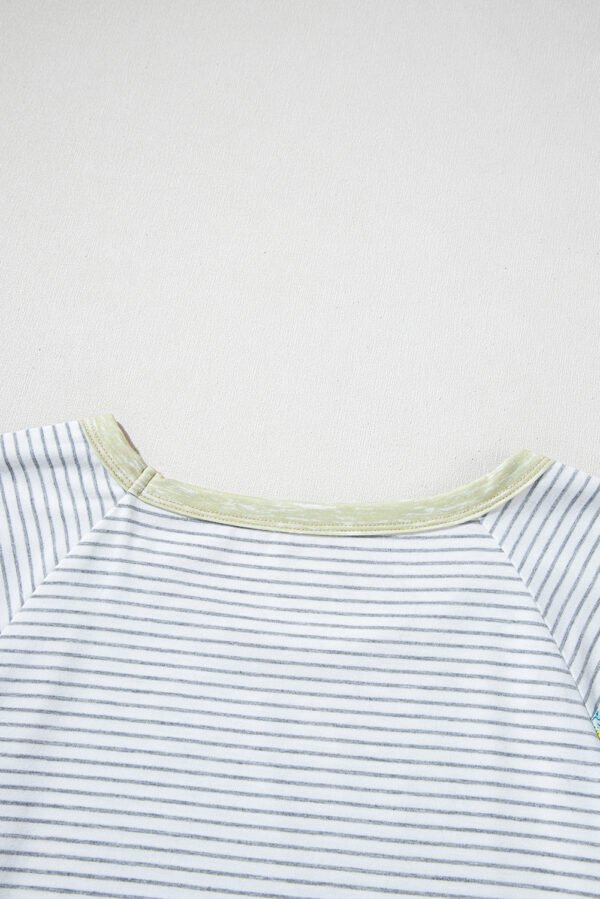 White Stripe Floral Insert Sleeves Contrast Round Neck Tee