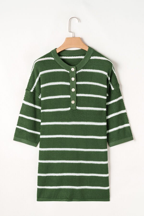 Green Stripe Henley Buttoned Placket Drop Shoulder Bracelet Sleeve Knit Sweater Tee