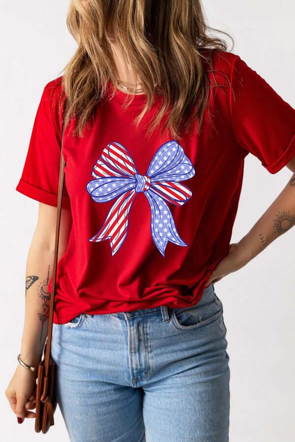 Red American Flag Bow Knot Print Crew Neck T Shirt