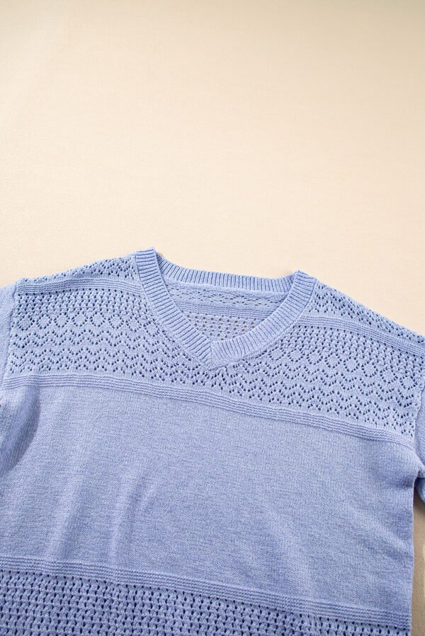 Sky Blue Eyelet Pattern Detail V Neck Drop Shoulder Sweater