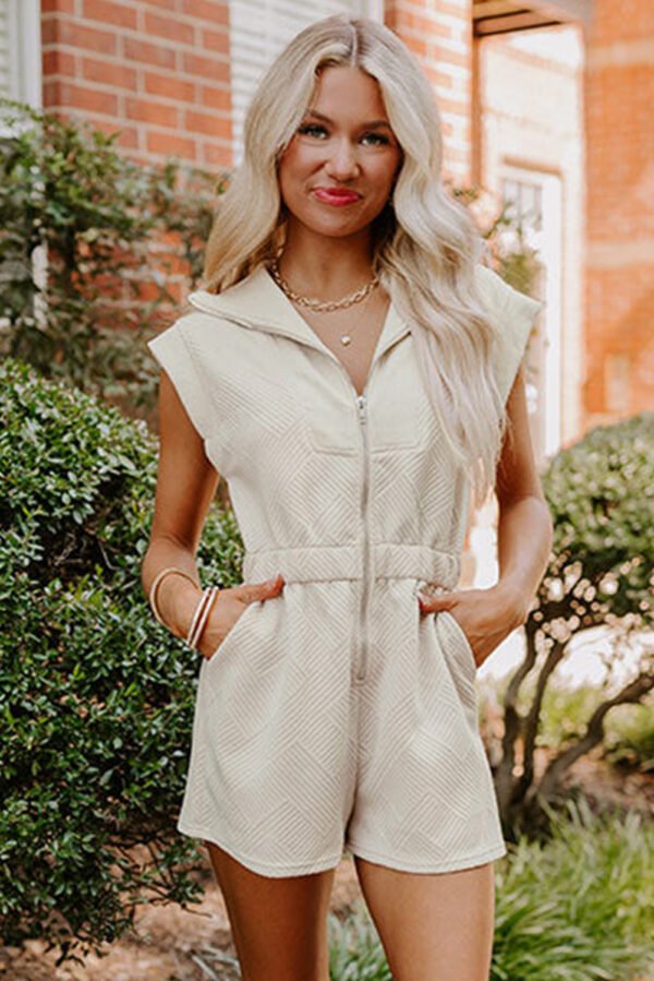 Jet Stream Textured Zipped Front V Neck Collared Casual Romper