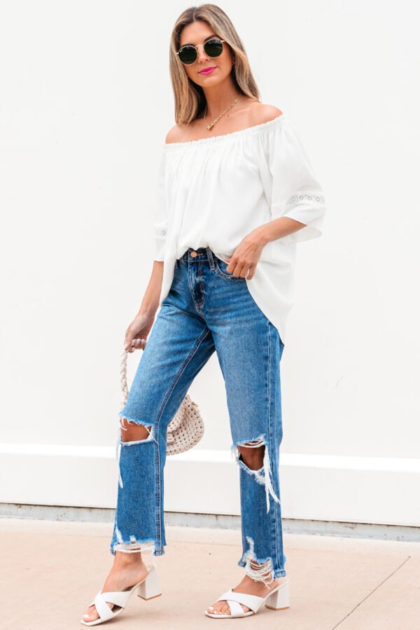 White Frilly Off Shoulder Lace Insert Sleeve Textured Blouse