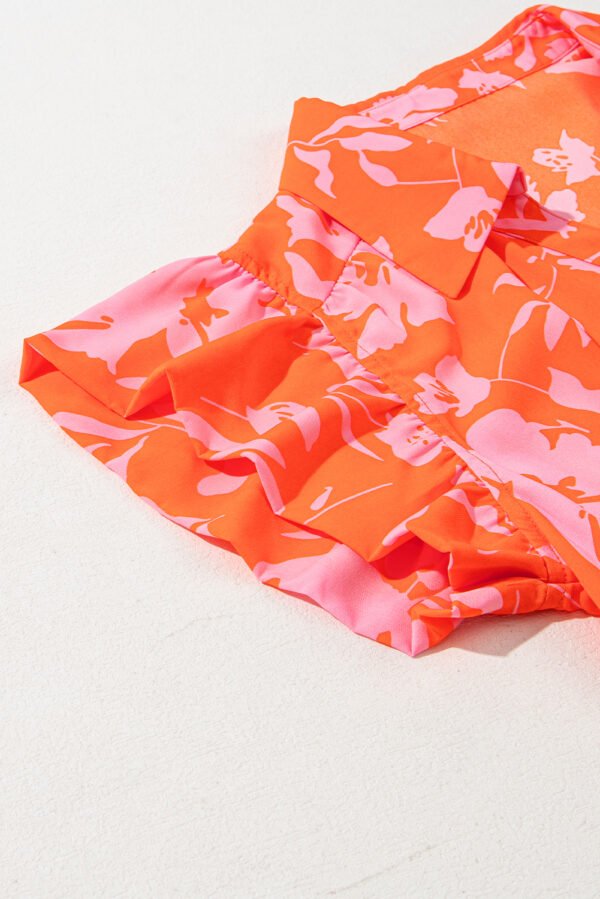 Orange Floral Print Collared Button Neckline Flutter Sleeve Blouse