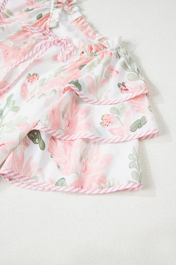 Pink Floral Contrast Edge Layered Short Sleeve Mini Dress