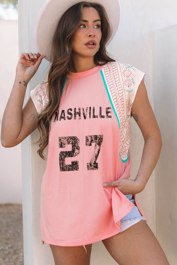 Light Pink Vintage Nashville Printed Patchwork Tank Top