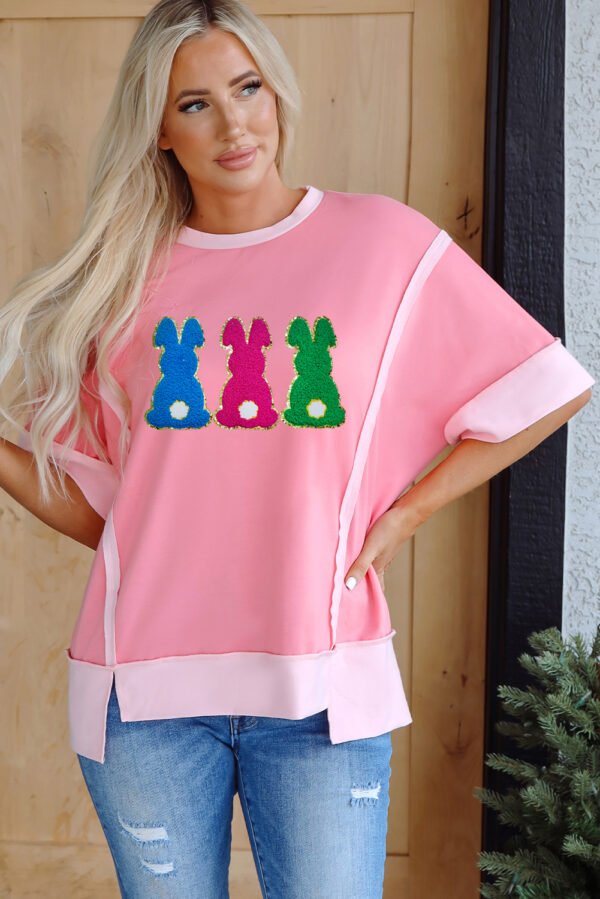 Peach Blossom Contrast Patchwork Detail Chenille Bunny Patched Easter Graphic Tee