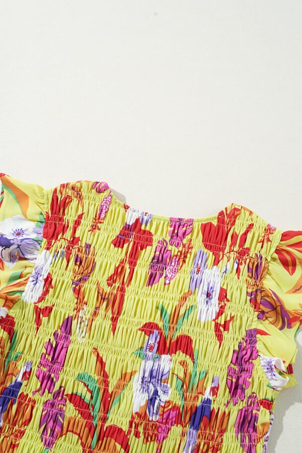 Yellow Cheetah Plant Print Shirred Button V Neck Maxi Dress